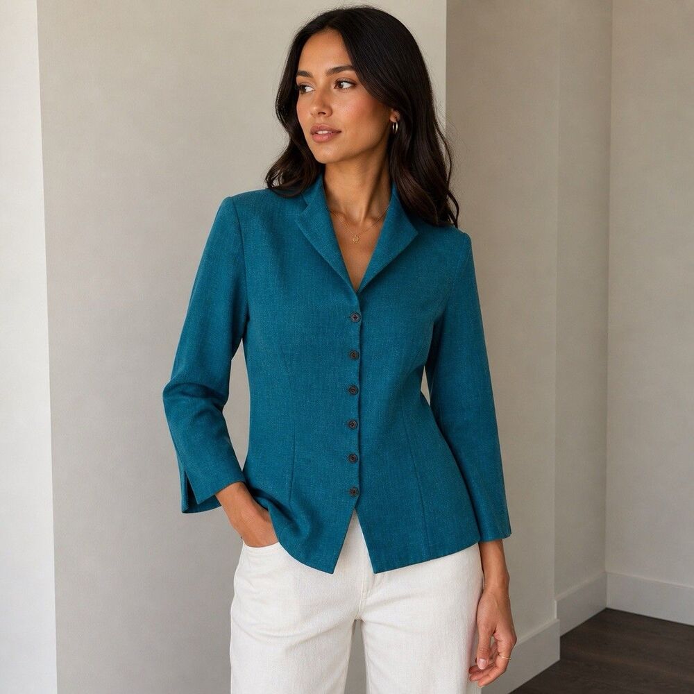 VTG Dorby Teal Blazer Jacket Structured Shoulder Pads Career Business Preppy 14